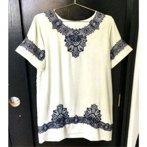 San & Soni Womens Cream Navy Short Sleeve Loka Beaded Tunic Dress Size Medium